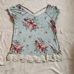 Rewind Floral Lace Trim Blouse - Green and Red